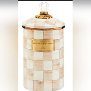 Mackenzie Childs Check Ceramic Canister with Gold Accents NEW It has Small Clip